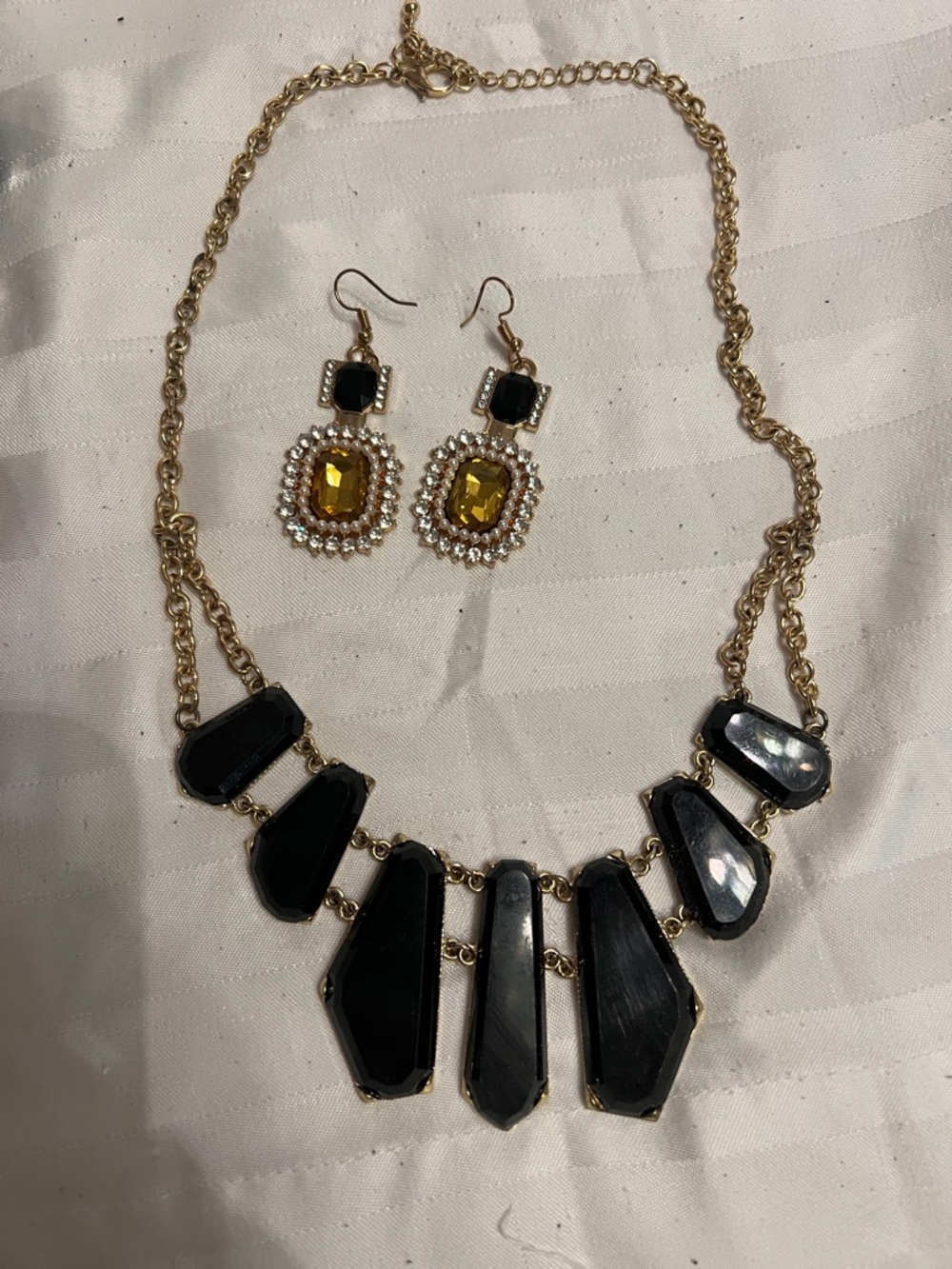 Gold-Tone Black Statement Necklace with Yellow Crystal Drop Earrings